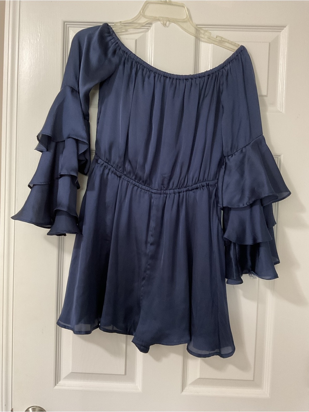 Banjul Navy Blue Off-Shoulder Ruffle Sleeve Romper